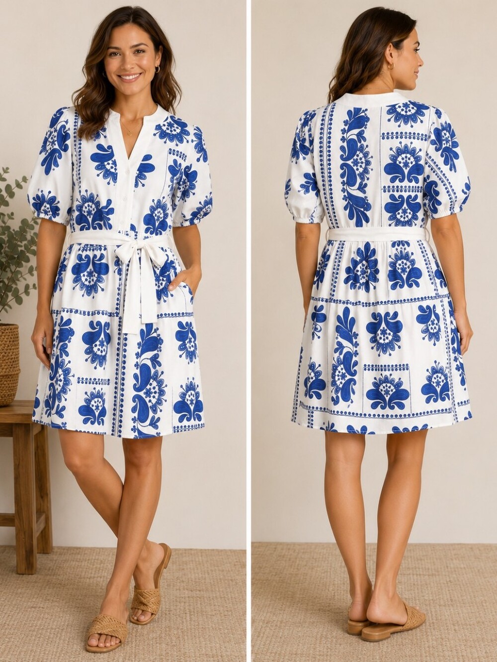 A-235 Bellambra Made in Italy Blue White Floral Cotton Dress Belted Pockets NWT